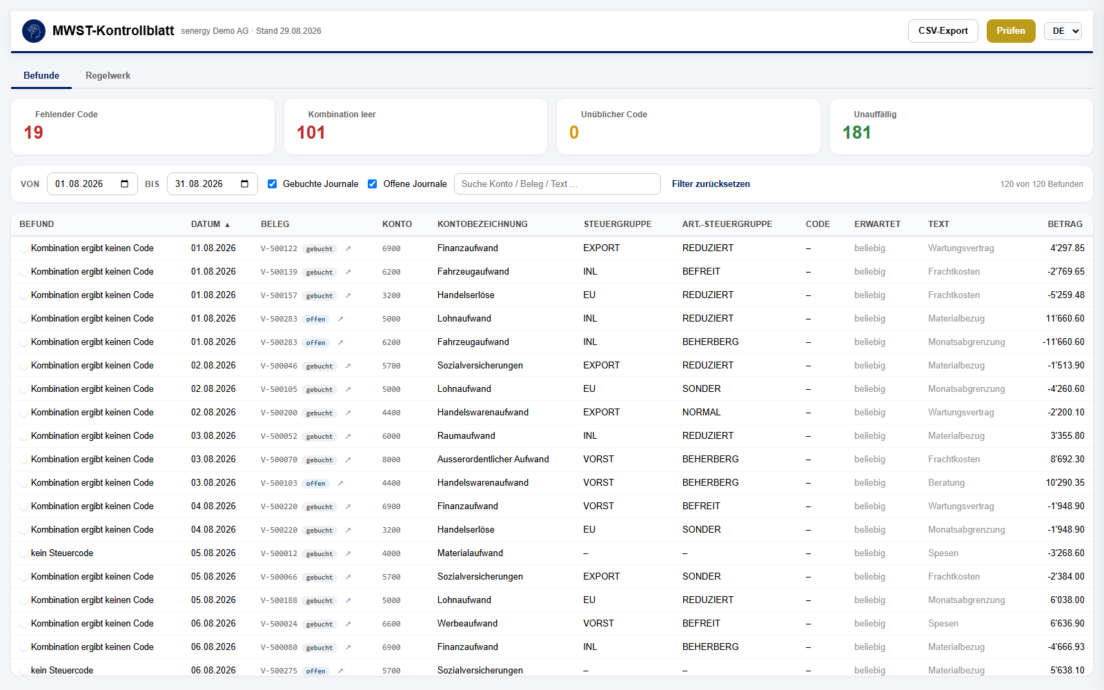 MWST-Kontrollblatt in Dynamics 365